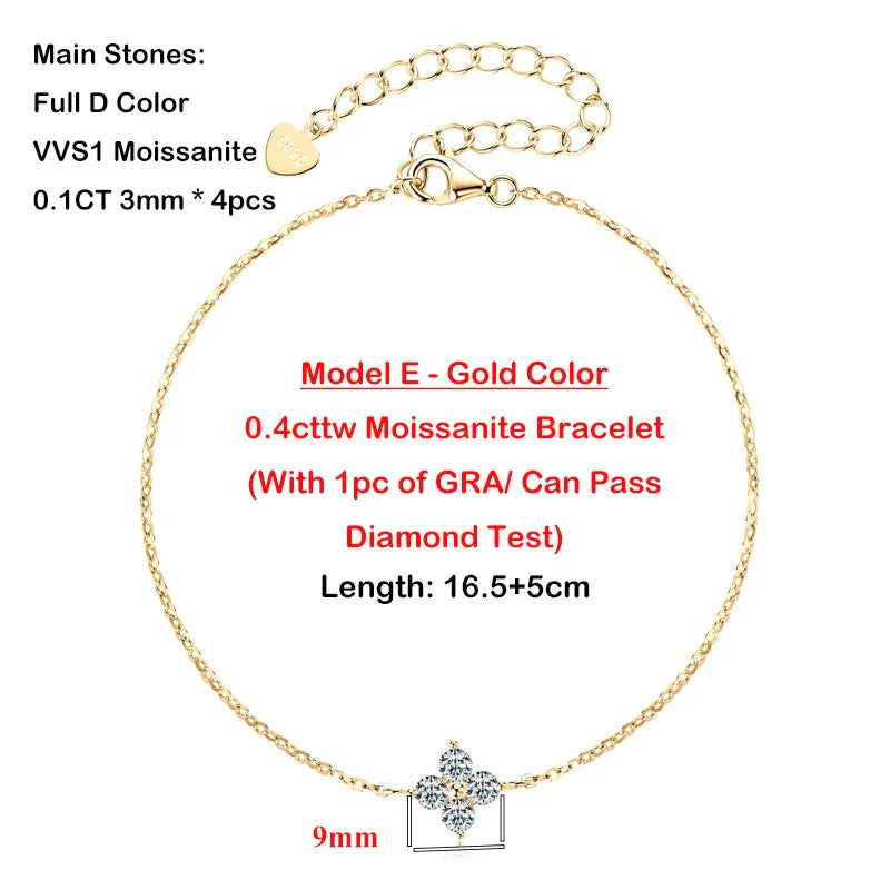 4-Leaf Clover GRA Certified 0.9cttw D Color Moissanite Diamond Bracelet for Woman 925 Silver Link Bracelets Fine Jewelry