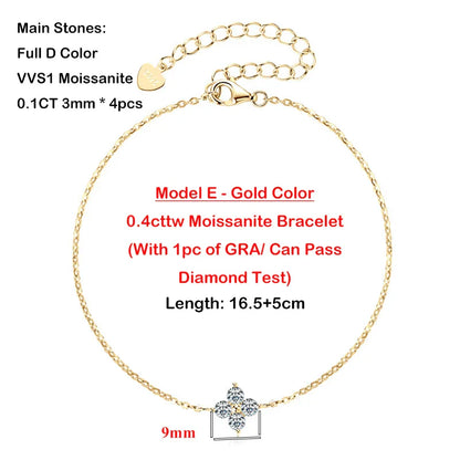 4-Leaf Clover GRA Certified 0.9cttw D Color Moissanite Diamond Bracelet for Woman 925 Silver Link Bracelets Fine Jewelry
