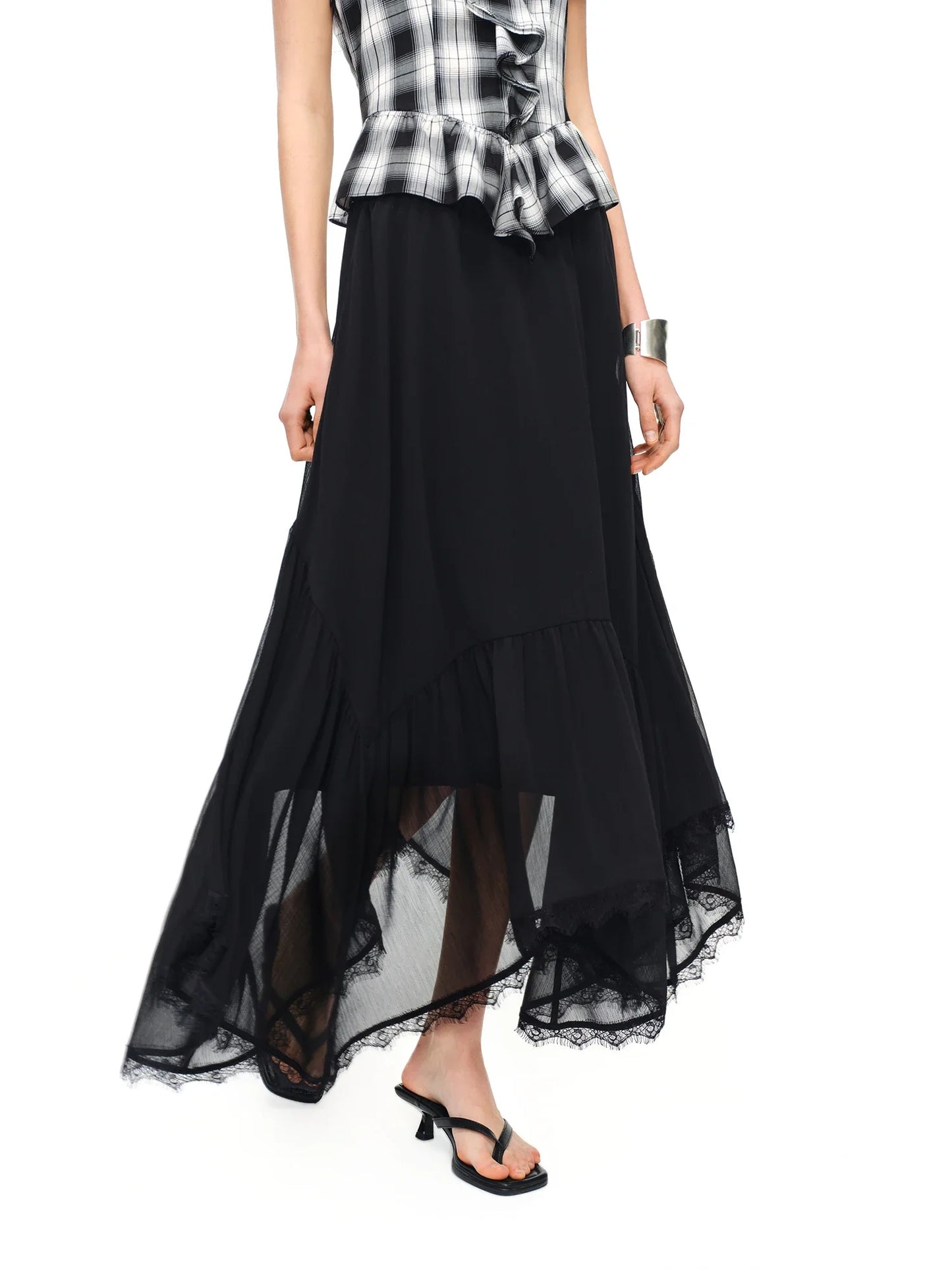 Romantic French Lace Patchwork Midi Skirt 2026 Summer New Arrival Elegant High-waisted Black A-line Skirt Women Elegant
