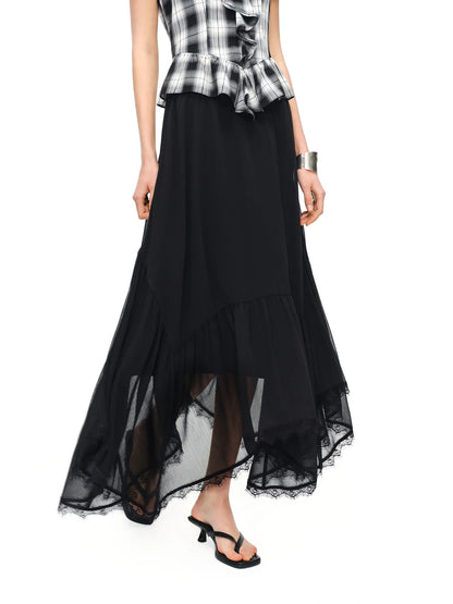 Romantic French Lace Patchwork Midi Skirt 2026 Summer New Arrival Elegant High-waisted Black A-line Skirt Women Elegant