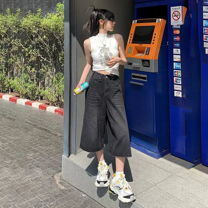 Verão American Style Vintage Feminino Jeans Folgado Y2k Solto Lavado Cintura Alta Calça Jeans Comprimento Joelho Streetwear Shorts Perna Larga