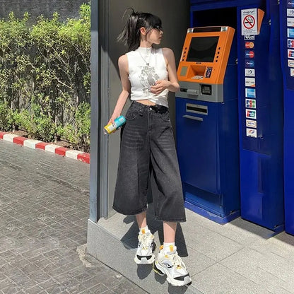 Verão American Style Vintage Feminino Jeans Folgado Y2k Solto Lavado Cintura Alta Calça Jeans Comprimento Joelho Streetwear Shorts Perna Larga