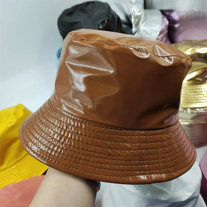 Colorful Shiny Leather Two Sided Fisherman Hat Women's and Men's Hip Hop Summer Sunshade Hat Foldable Bucket Hat