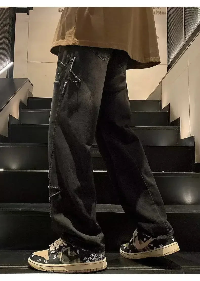 Star Embroidered Straight Casual Men's Jeans Y2K Gothic Unisex New Wide-leg Loose, Comfortable Fashionable Youth Street Jeans