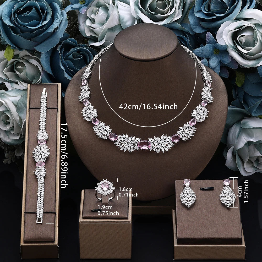 2025 Novo Conjunto de Joias Femininas para Festa de 4 Peças com Zircônia para Noiva, Conjunto de Colar de Casamento de Cristal de Luxo Dubai Nigéria CZ