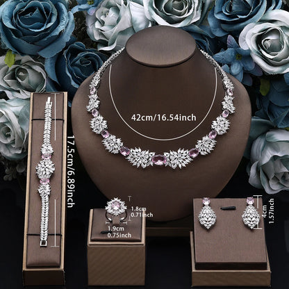 2025 Novo Conjunto de Joias Femininas para Festa de 4 Peças com Zircônia para Noiva, Conjunto de Colar de Casamento de Cristal de Luxo Dubai Nigéria CZ
