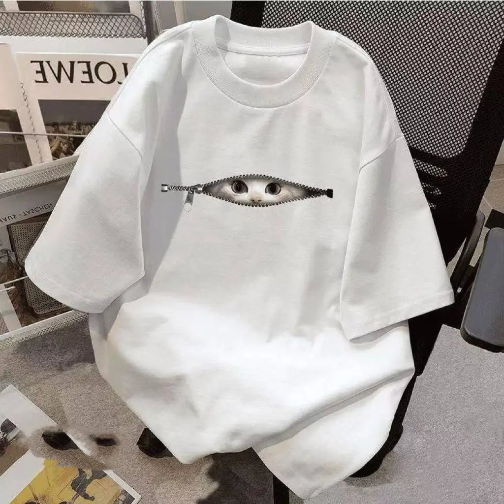 2026 New Street Cartoon Chain Cat Graphic Print Plus Size Men's and Women's Cotton Short Sleeve Loose Crew Neck T-Shirts