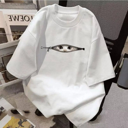 2026 New Street Cartoon Chain Cat Graphic Print Plus Size Men's and Women's Cotton Short Sleeve Loose Crew Neck T-Shirts