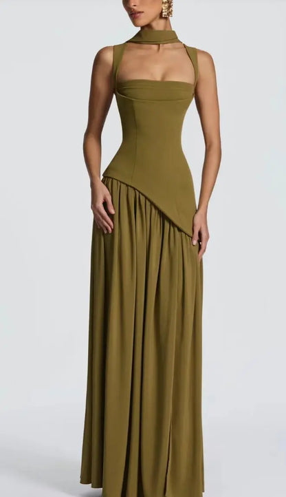 Summer Elegant Olive Green Maxi Dress for Women Flowy Long Dress with Scarf Birthday Party Beach Graduation dress