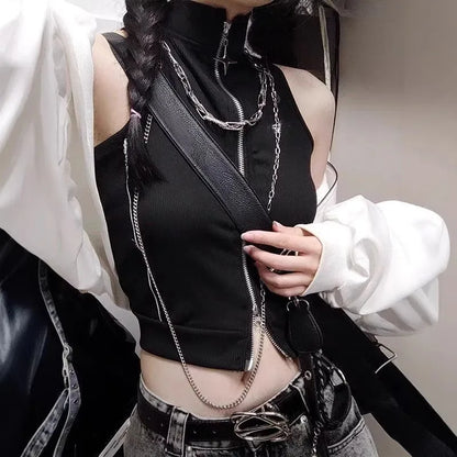 Gothic Style Stitching High Street Style Hot Girl Spaghetti Straps Sleeveless Cardigan Vest Slimming Slim Fit Top for Women INS