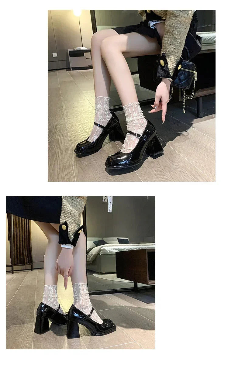 Ladies Summer Black New Small Leather Shoes Mary Janes Vintage Buckle Non-Slip Sandals Woman Medium Heels Casual Elegant Heels