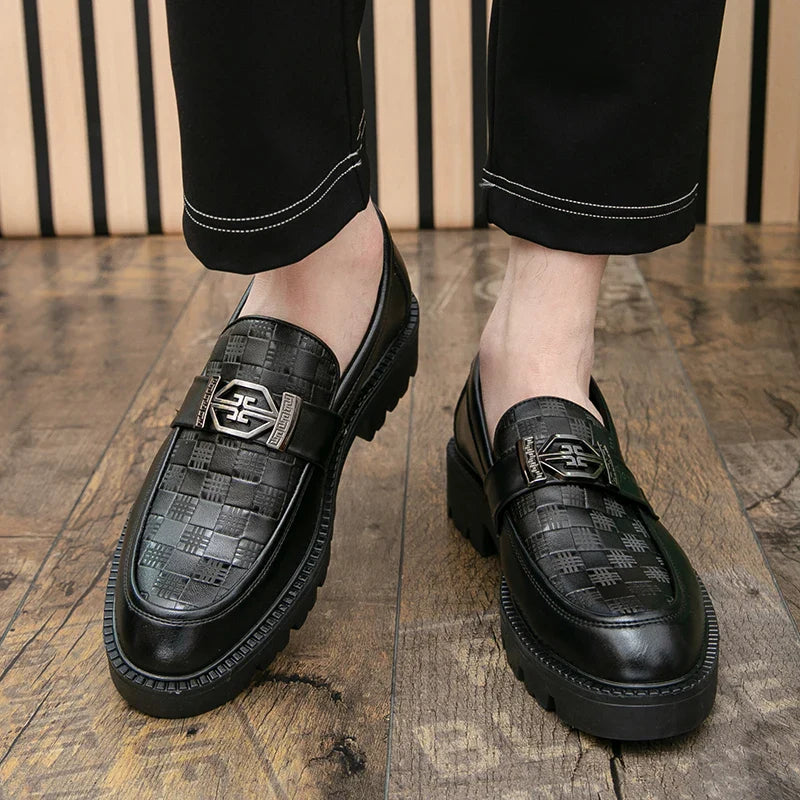 Men Loafers PU Thick Sole Round Toe Checkered Pattern Fashionable Classic Business Formal Shoes
