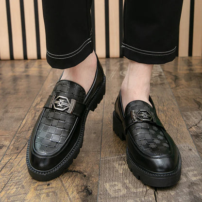 Men Loafers PU Thick Sole Round Toe Checkered Pattern Fashionable Classic Business Formal Shoes