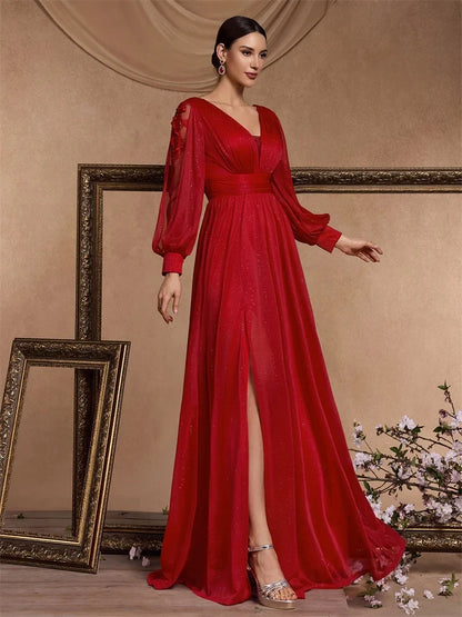 Elegant Slit Formal Applique Chiffon Evening Dress Luxury 2025 Women Long Mermaid V-neck Caicktail Gown Wedding Party Prom