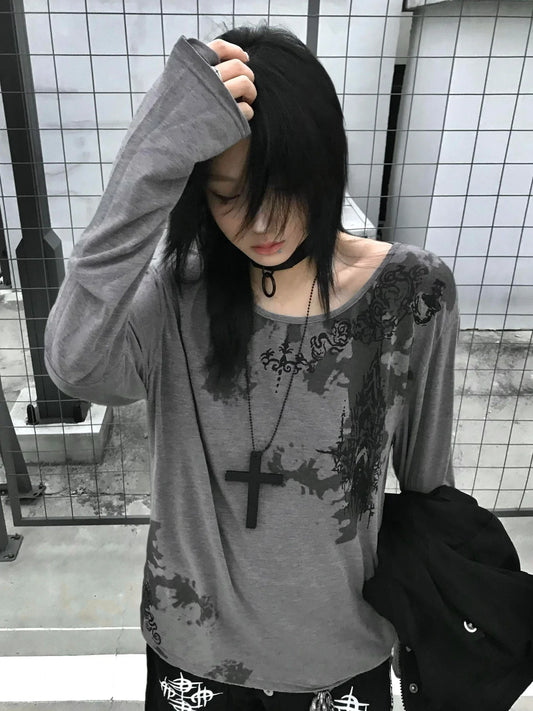 Gothic Print T-shirt Women Long Sleeve Casual Y2k Vintage Grunge Tops Tee Streetwear American Retro Tshirts Fairycore