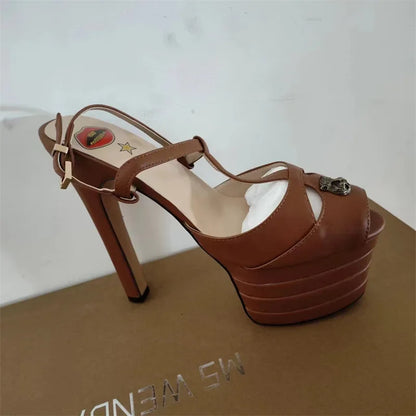 2026 Women's Round Head Sandals Thin Heels 5cm Thick Bottom Slope Heel Fish Mouth Rivet Sandal T-Platform Sandals Size34-43