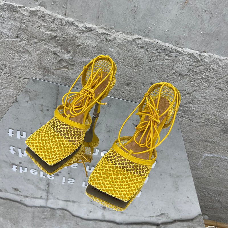 Summer Sexy Mesh Pumps Sandals Female Square Toe High Heel Lace Up Cross-Tied Stiletto Hollow Dress Party Shoes