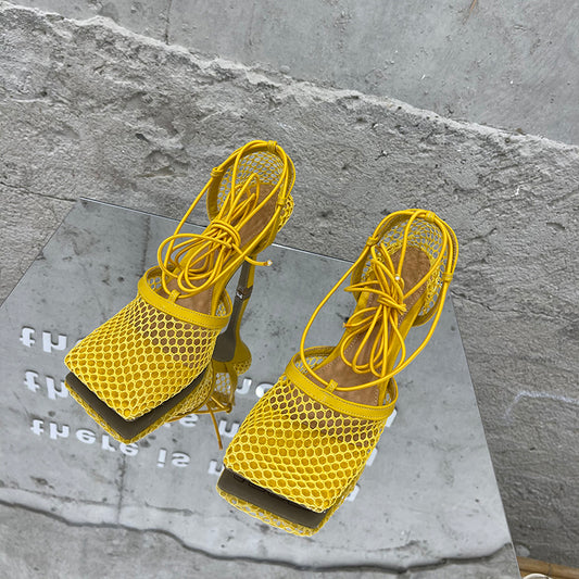Summer Sexy Mesh Pumps Sandals Female Square Toe High Heel Lace Up Cross-Tied Stiletto Hollow Dress Party Shoes