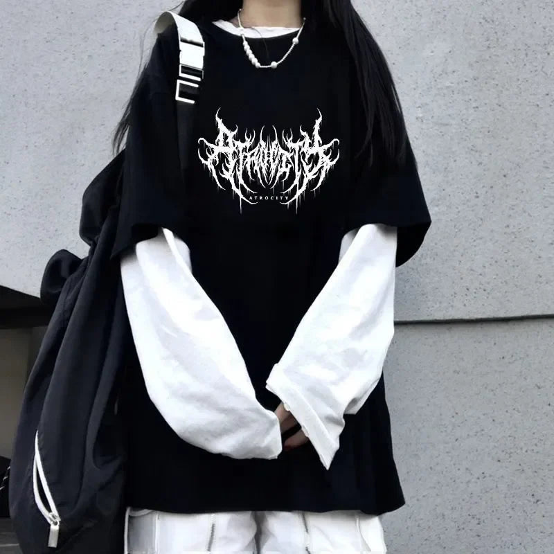 Women Atrocity Print Graphic Fake Two Long Sleeved T-shirts Fashion Gothic Retro Casual Loose Fake Two Long Sleeved T Shirt