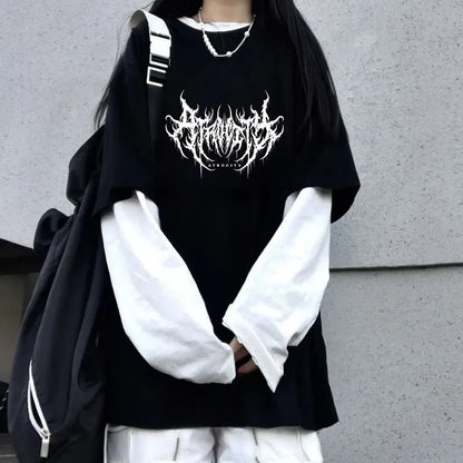 Women Atrocity Print Graphic Fake Two Long Sleeved T-shirts Fashion Gothic Retro Casual Loose Fake Two Long Sleeved T Shirt