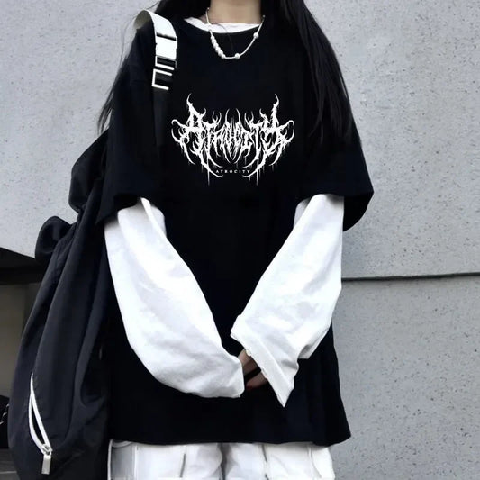 Women Atrocity Print Graphic Fake Two Long Sleeved T-shirts Fashion Gothic Retro Casual Loose Fake Two Long Sleeved T Shirt