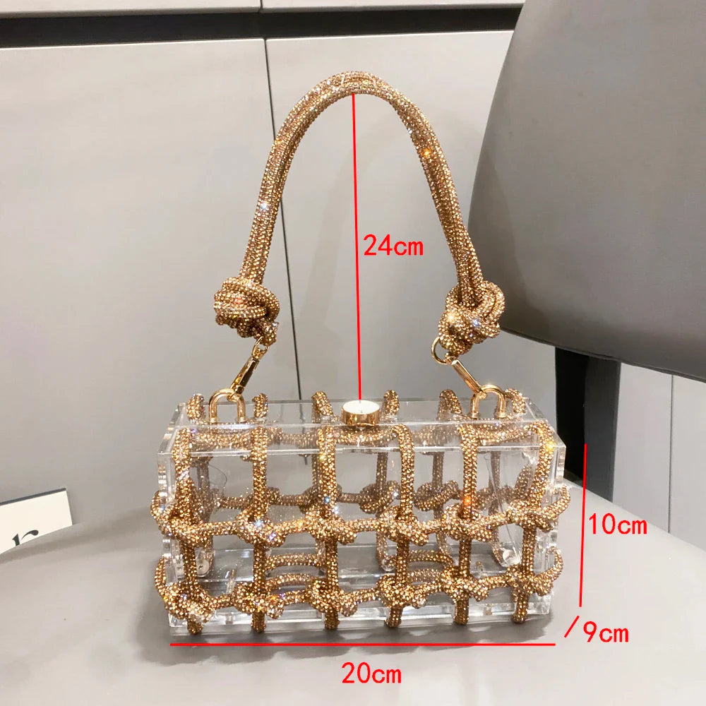 Bolsa de Noite com Alça e Strass Prateada de Cristal Feita à Mão para Mulheres, Bolsas e Bolsas de Mão de Designer de Luxo para Banquete