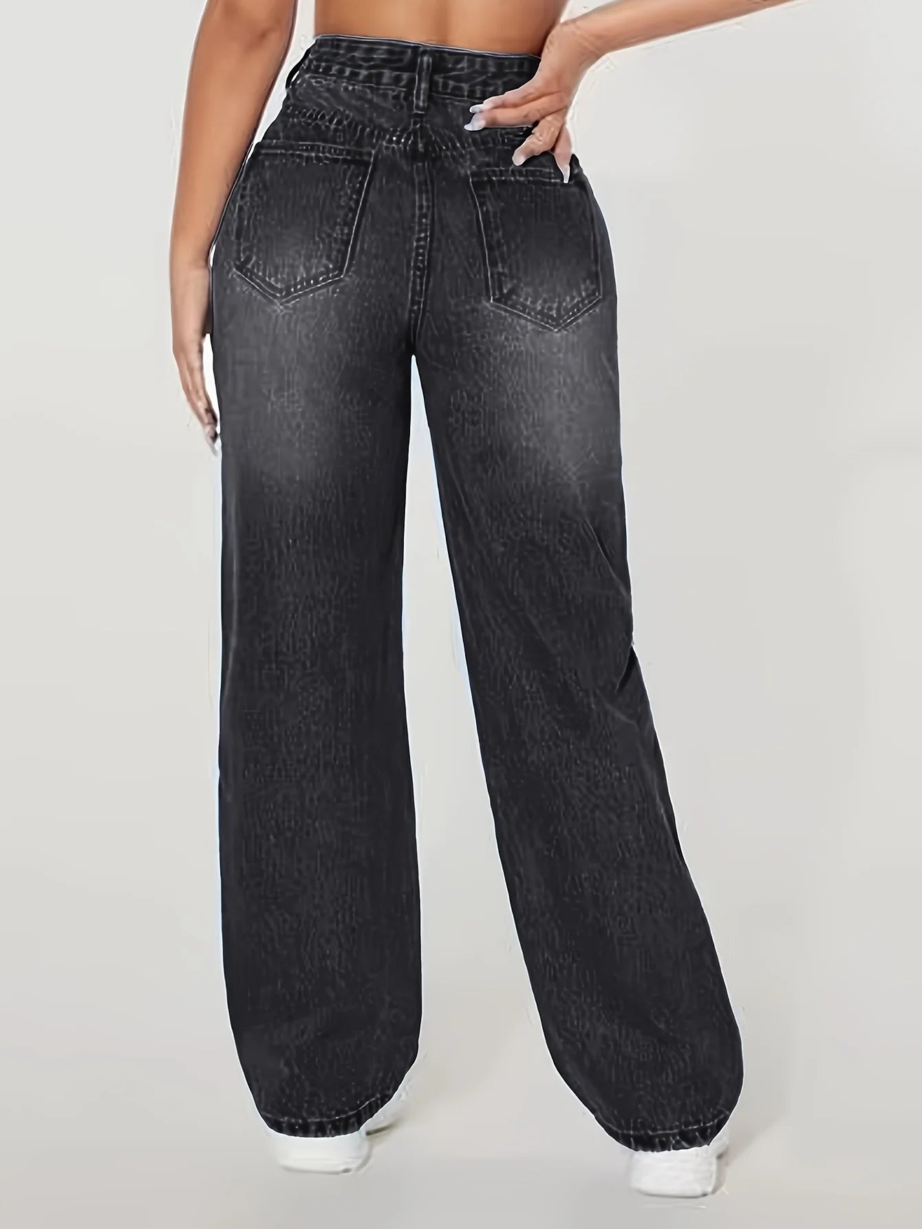 Loose Fit Elastic Fashionable Wide Leg Jeans, Blue Distressed Loose Wide Leg Jeans