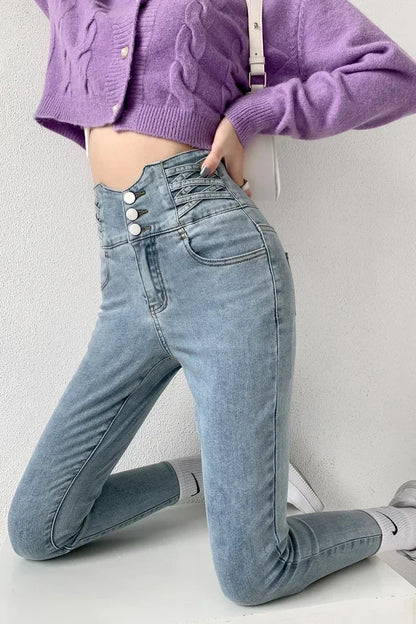 Y2K Jeans Four Buttons Vintage High Waist Women Slim Stretch Denim Pants