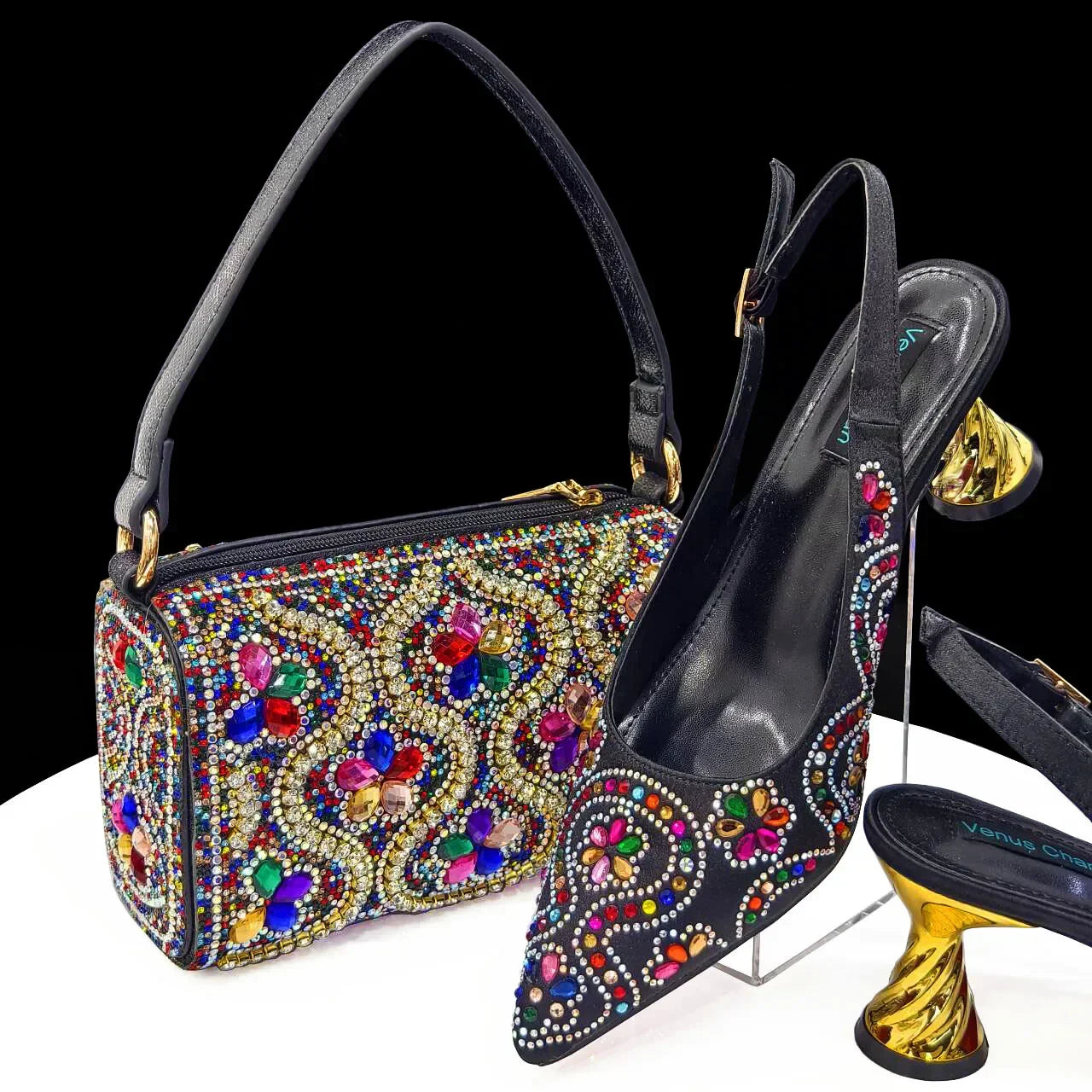 Elegant Rhinestone Pointed-Toe Pumps With Matching Bag Set Large Capacity Bag for Women's Party High Heels
