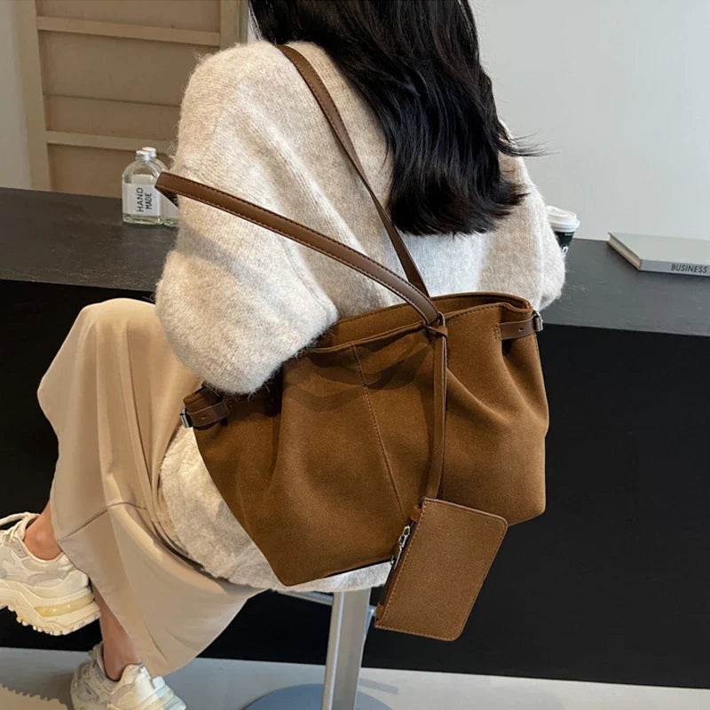 Suede Shoulder Bags for Women Large Suede Totes Lightweight Underarm Bag Casual Shopper Handbag Solid Color Travel Bucket Bags