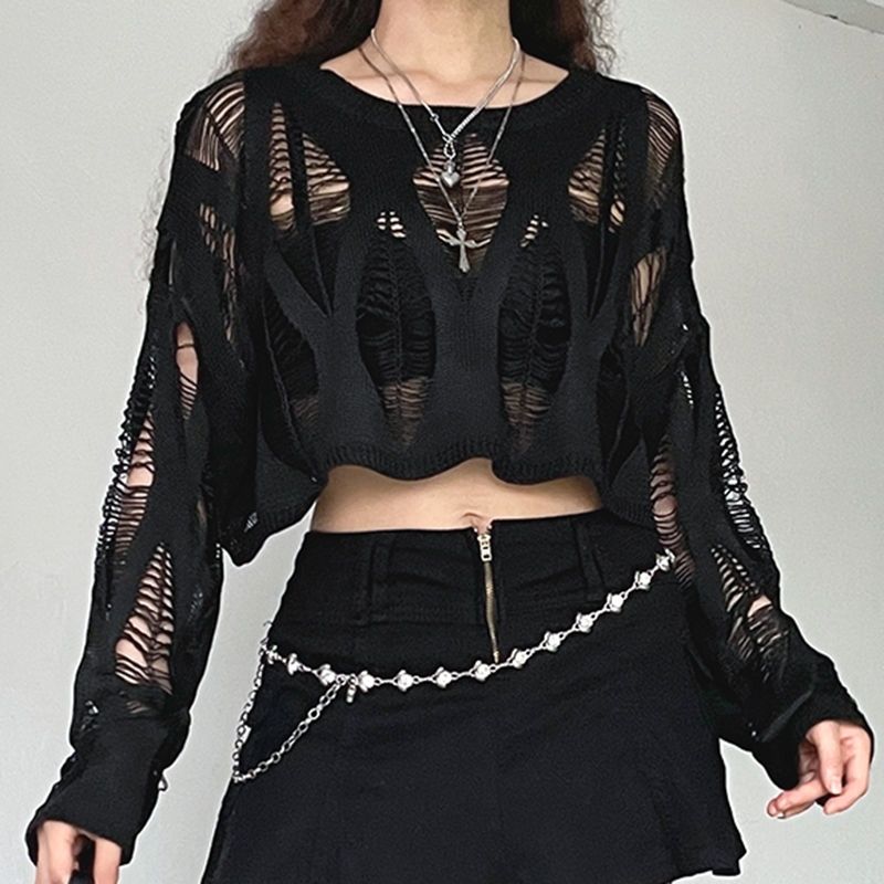 Women Hole Hollow Out Y2K T-shirts Batwing Sleeve Knitted Shirt For Women Loose Streetwear Tops Spring Autumn 2024