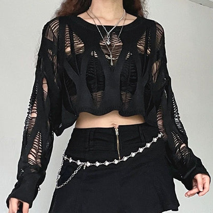 Women Hole Hollow Out Y2K T-shirts Batwing Sleeve Knitted Shirt For Women Loose Streetwear Tops Spring Autumn 2024
