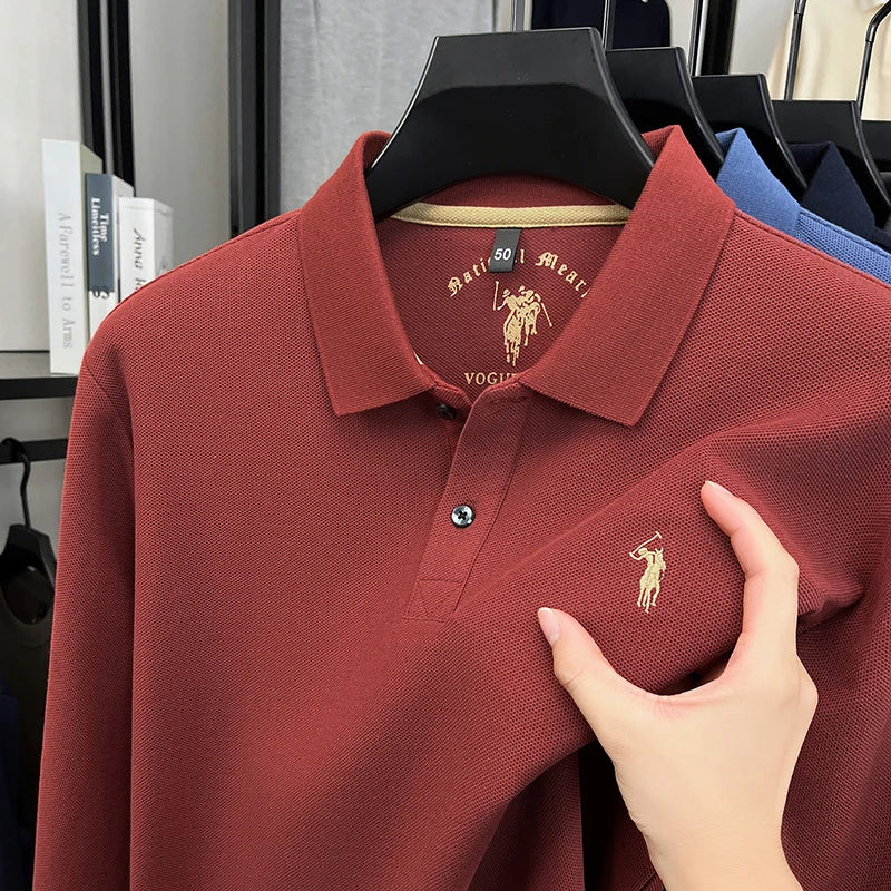 2025 New Cotton Long Sleeved T-shirt for Men, High End Embroidered Little Horse Logo Fashion Autumn/Winter Polo Top