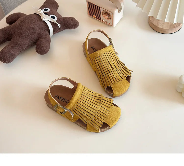 Summer Peep Toe Tassel Children Shoes Girls Sandals Soft Bottom Flat Heel Buckle Girl's Shoes Back Strape Slingbacks Shoe I05285