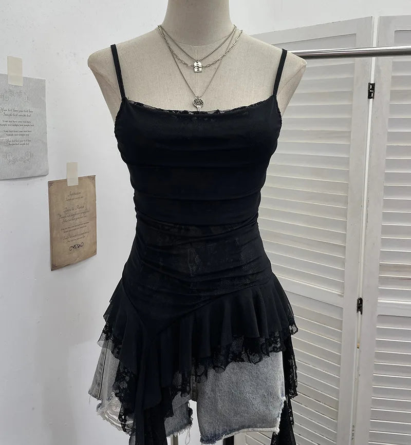 Summer Y2K Camisole for Women Casual Spaghetti Straps Double Layers Lace Stretch Mesh Patchwork Asymmetrical Slim Tops