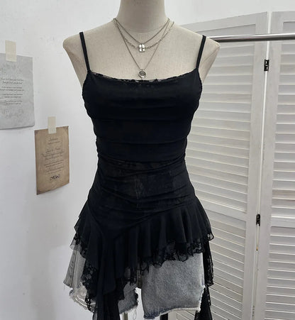 Summer Y2K Camisole for Women Casual Spaghetti Straps Double Layers Lace Stretch Mesh Patchwork Asymmetrical Slim Tops