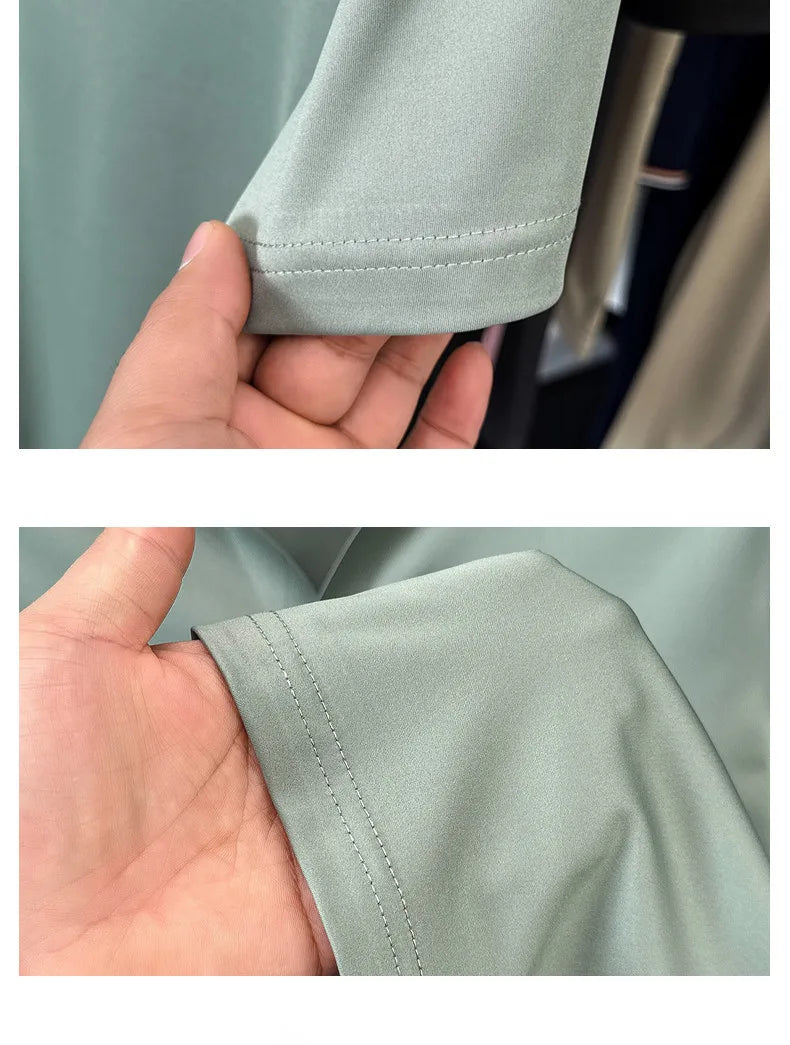 High quality ice silk short sleeve T-shirt men's lapel top trendy brand design cool silky breathable summer casual polo shirt