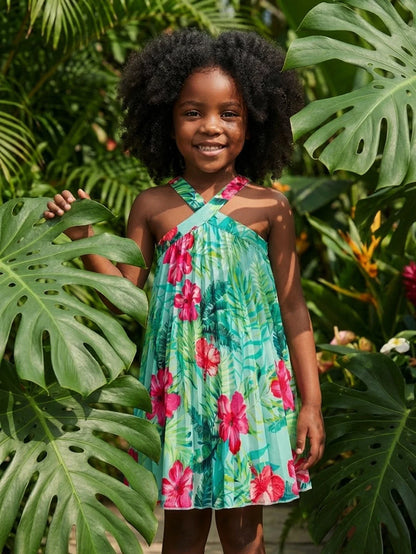 Girls' vacation style cross shoulder strap dress with tropical plant pattern pleated skirt lively and fresh beach travel