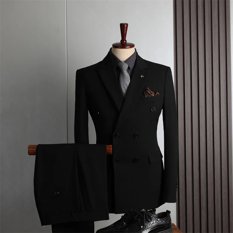Man Suit Outfit Double-breasted Blazer Men V-neck Vest Straight-leg Pant Male Slim Business Wedding Three-piece Set
