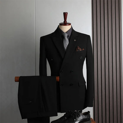 Man Suit Outfit Double-breasted Blazer Men V-neck Vest Straight-leg Pant Male Slim Business Wedding Three-piece Set