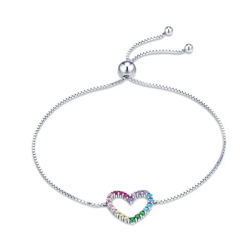 925 Sterling Silver Colorful Heart Pattern Adjustable Bracelet Love Zircon Chain for Women Fine Jewelry SCB216