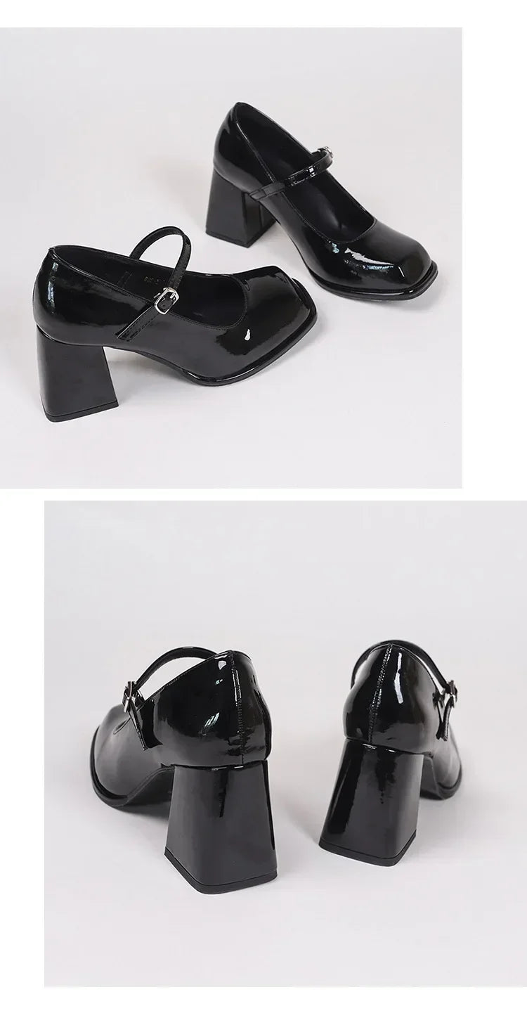 Ladies Summer Black New Small Leather Shoes Mary Janes Vintage Buckle Non-Slip Sandals Woman Medium Heels Casual Elegant Heels