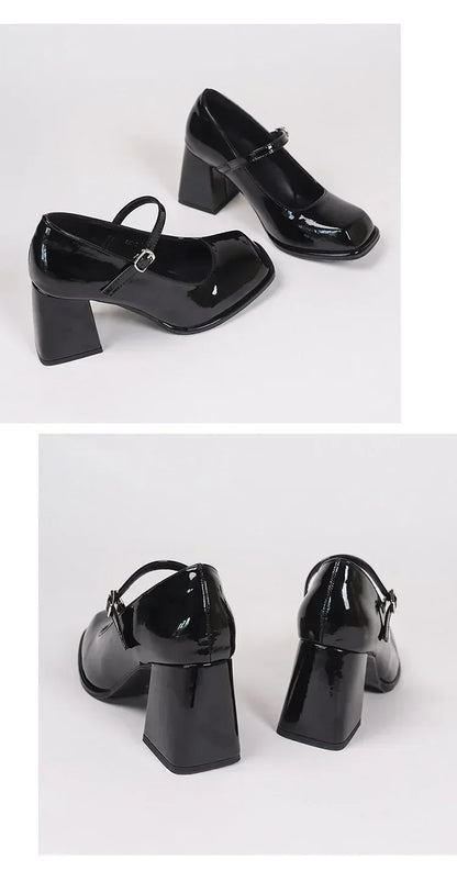 Ladies Summer Black New Small Leather Shoes Mary Janes Vintage Buckle Non-Slip Sandals Woman Medium Heels Casual Elegant Heels