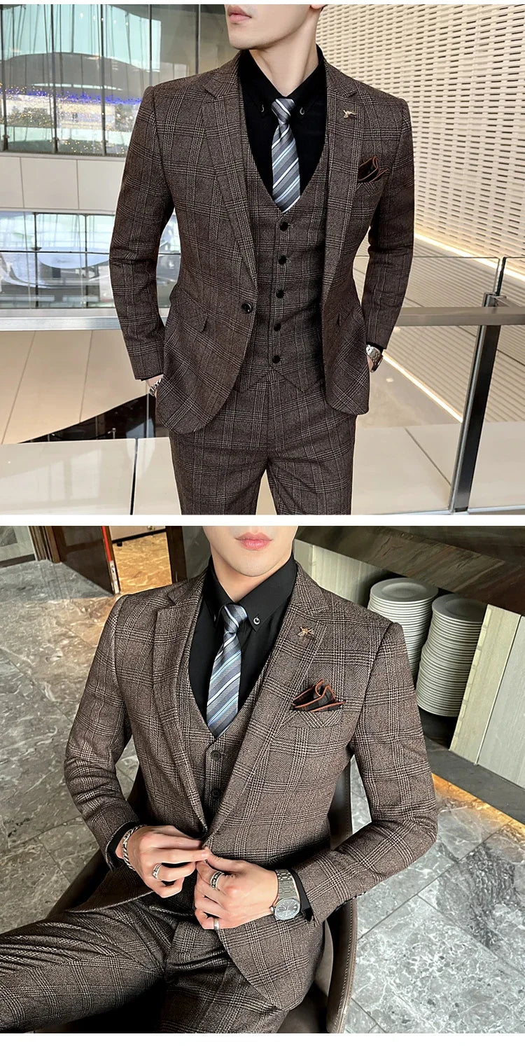 Boutique Suits (Blazer+ Vest + Pants) Men Fashion Hosting Work Business Wedding Casual Linen Art Style Elegant Gentleman's Suit