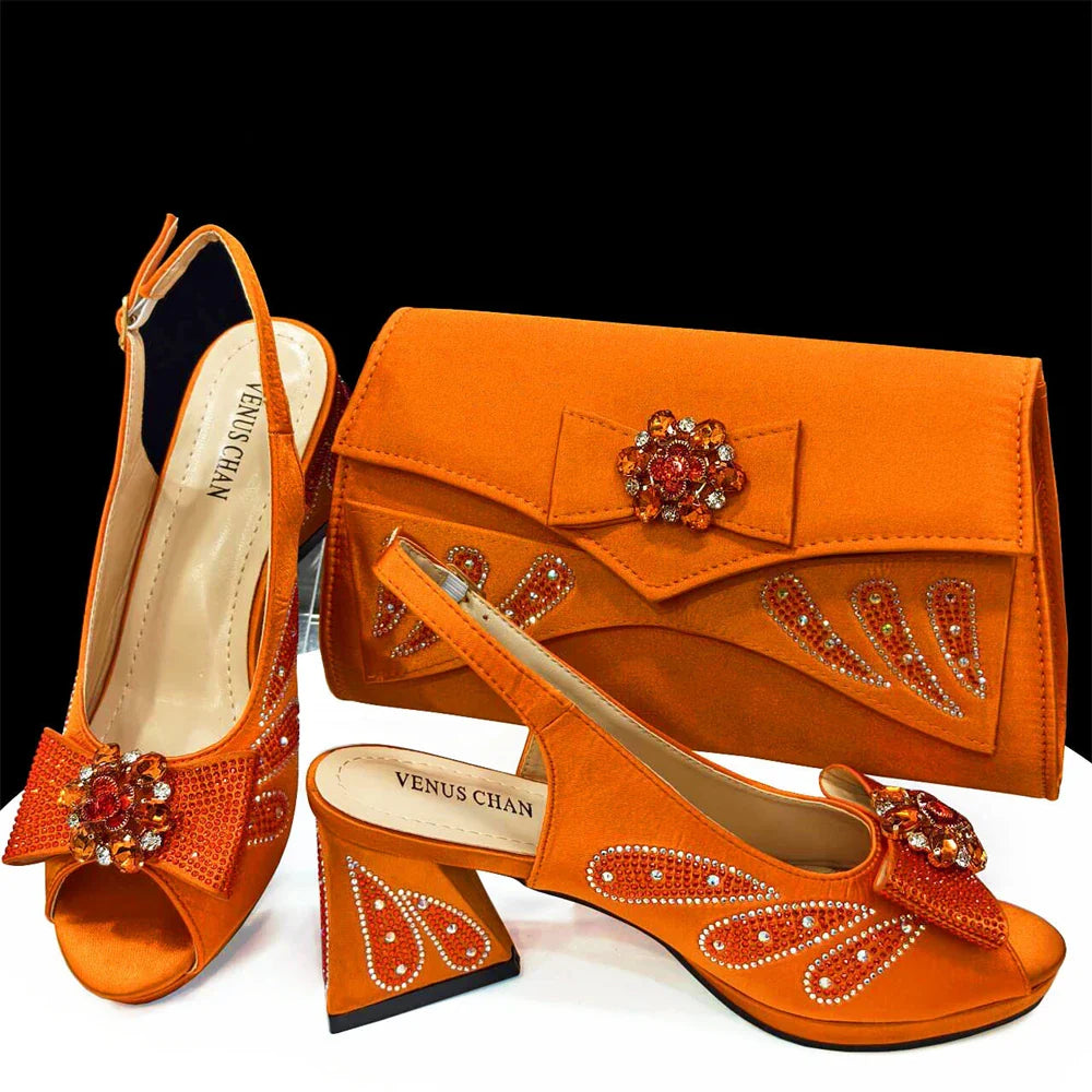 Italian Shoes and Bags Matching Set for Women Bow Rhinestones Peep Toe High Heels Purple Color Nigerian Party 2024