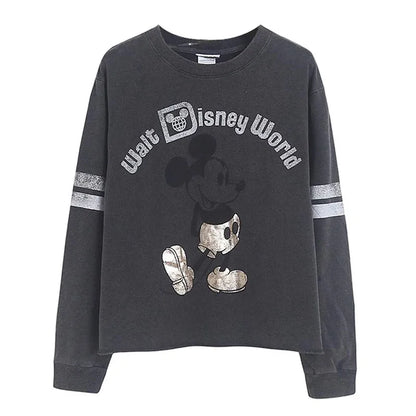 Retro Distressed Sweatshirt Women Mickey Mouse Casual Pullover Tops O Neck Long Sleeve Jumper Streetwear