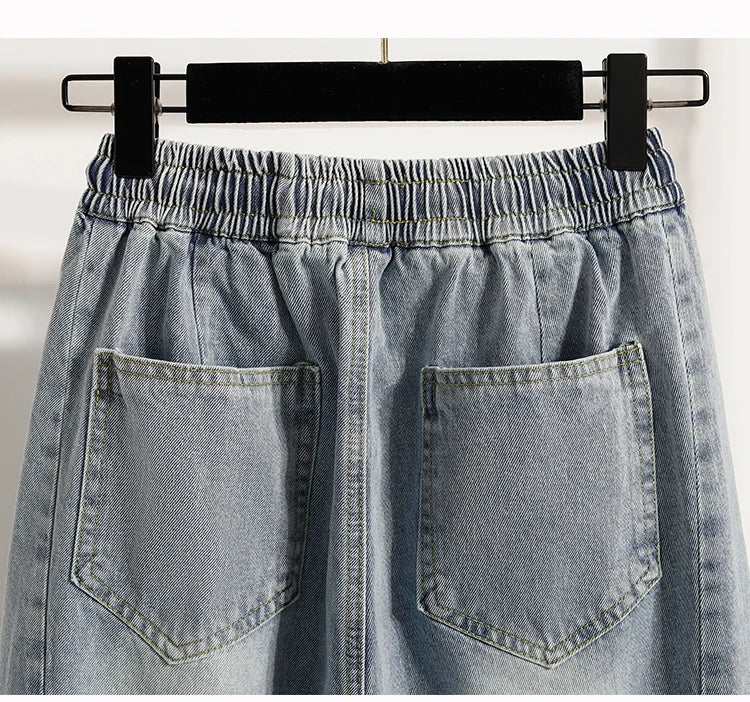 Casual Plus Size Denim Shorts Woman Boyfriend Loose Wide Leg Jeans Short Pants Midi Bermudas Elastic High Waisted Shorts Women