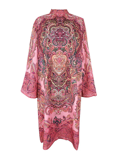 Women's Vintage Elegant Printed High Neck Kaftan Dress Long Sleeves Loose Elegant Evening Midi Dresses Robe 2026 New