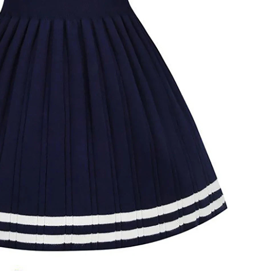 Short Sleeve Solid Color Sailor Collar Dress Girls Princess Style Birthdays Party Dress Girls Casual Dresses