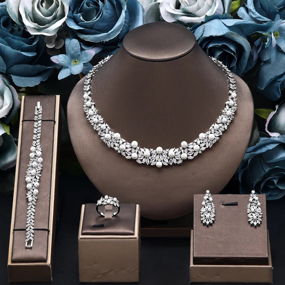 High Quality Zirconia Pearls 4pcs Jewellery Necklace Set Prom Wedding Jewelry Set Bridal Party Accessories